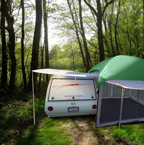 PahaQue 10x10 Screen Room Tent With Front Awning Over Teardrop